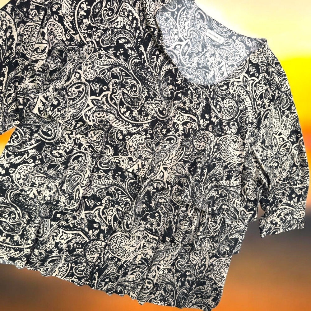 Susan Graver Shirt Women 3XL Black Beige Paisley Tiered Ruffle Knit Blouse Top